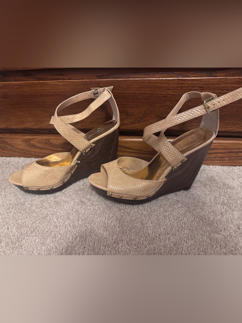 Jessica Simpson Nude Snake-Texture Wedge Sandals